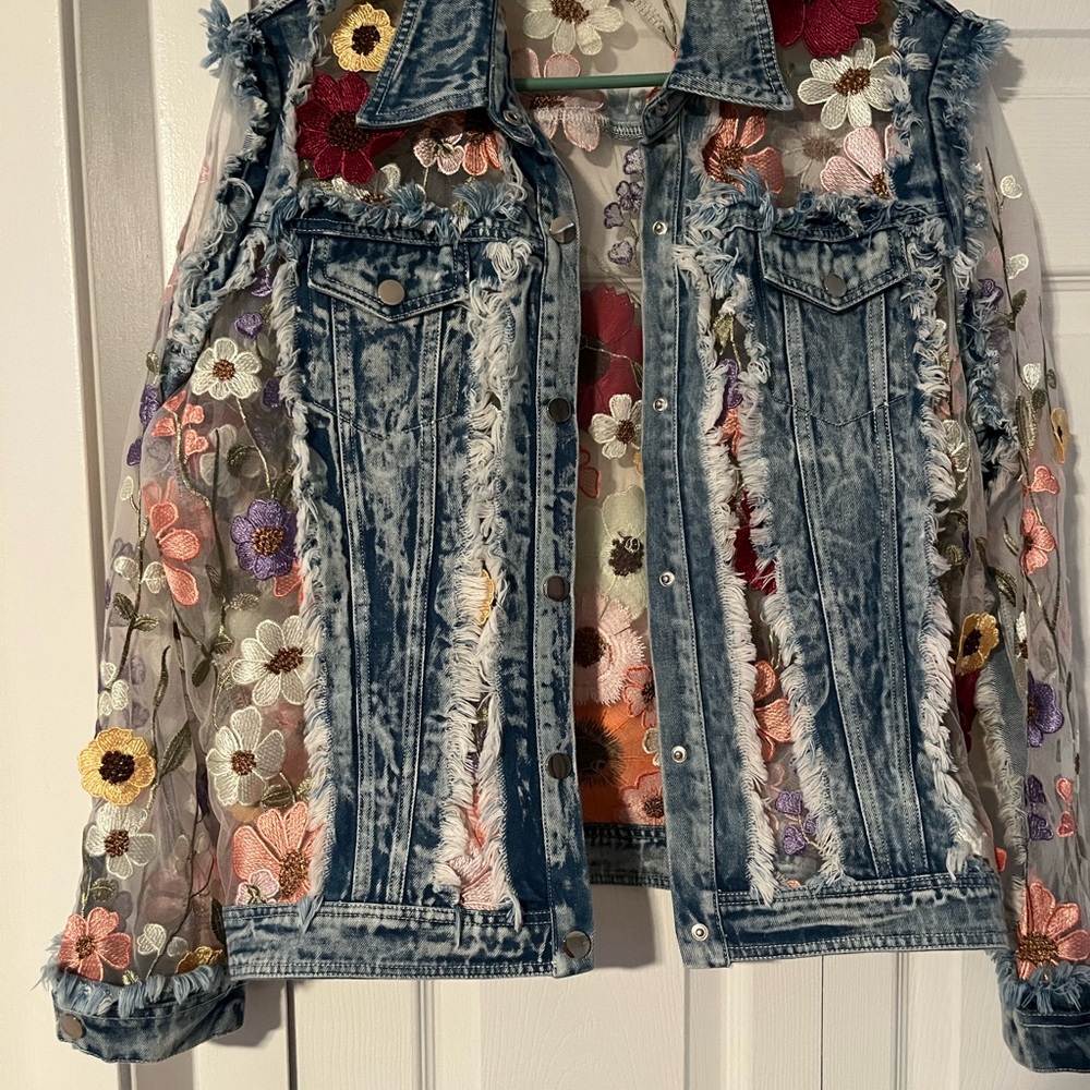 Adore Blue Denim Jacket with Floral Embroidery
